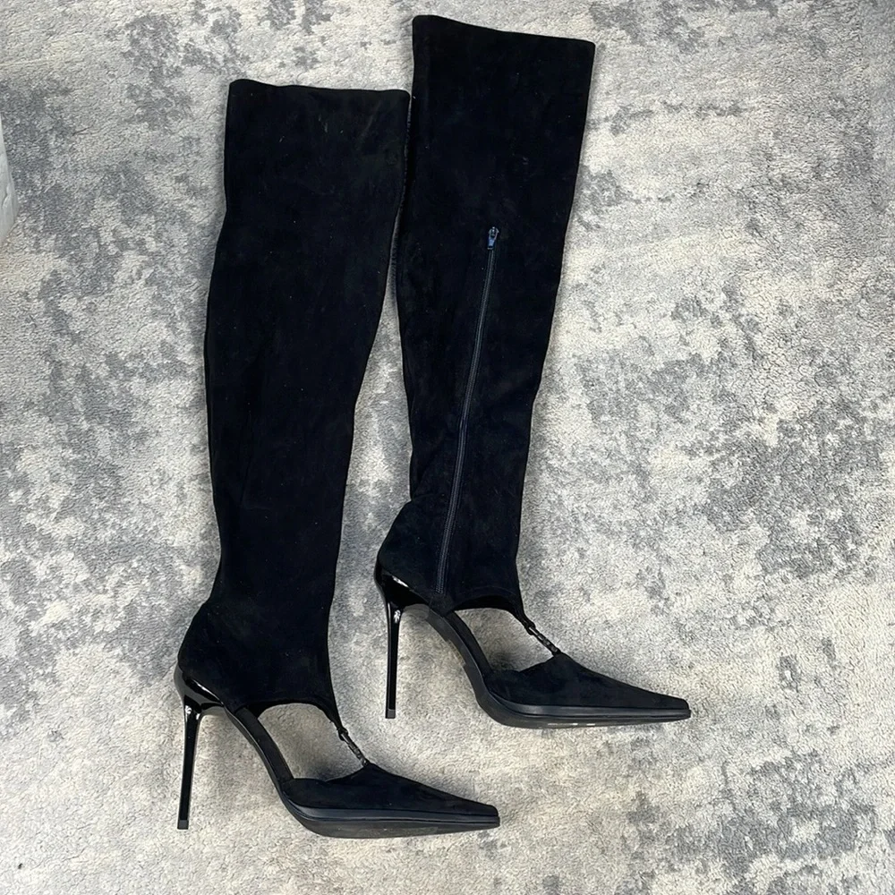 Jeffrey Campbell Vortexx Cut Out Over The Knee Boots Stiletto Pointed Toe Black